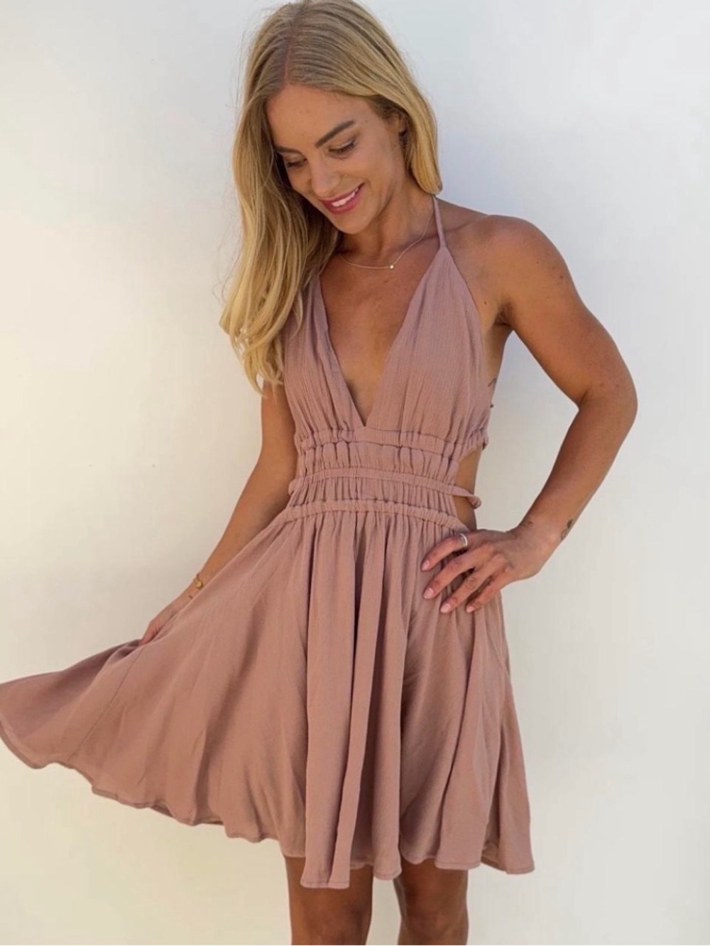 Sleeveless V-Neck Smocked Waist Mini Dress in Brown